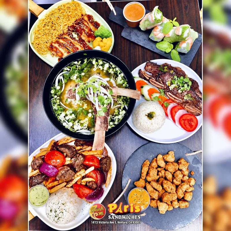 A spread of Vietnamese dishes photographed by Banh Mi Paris Sandwiches